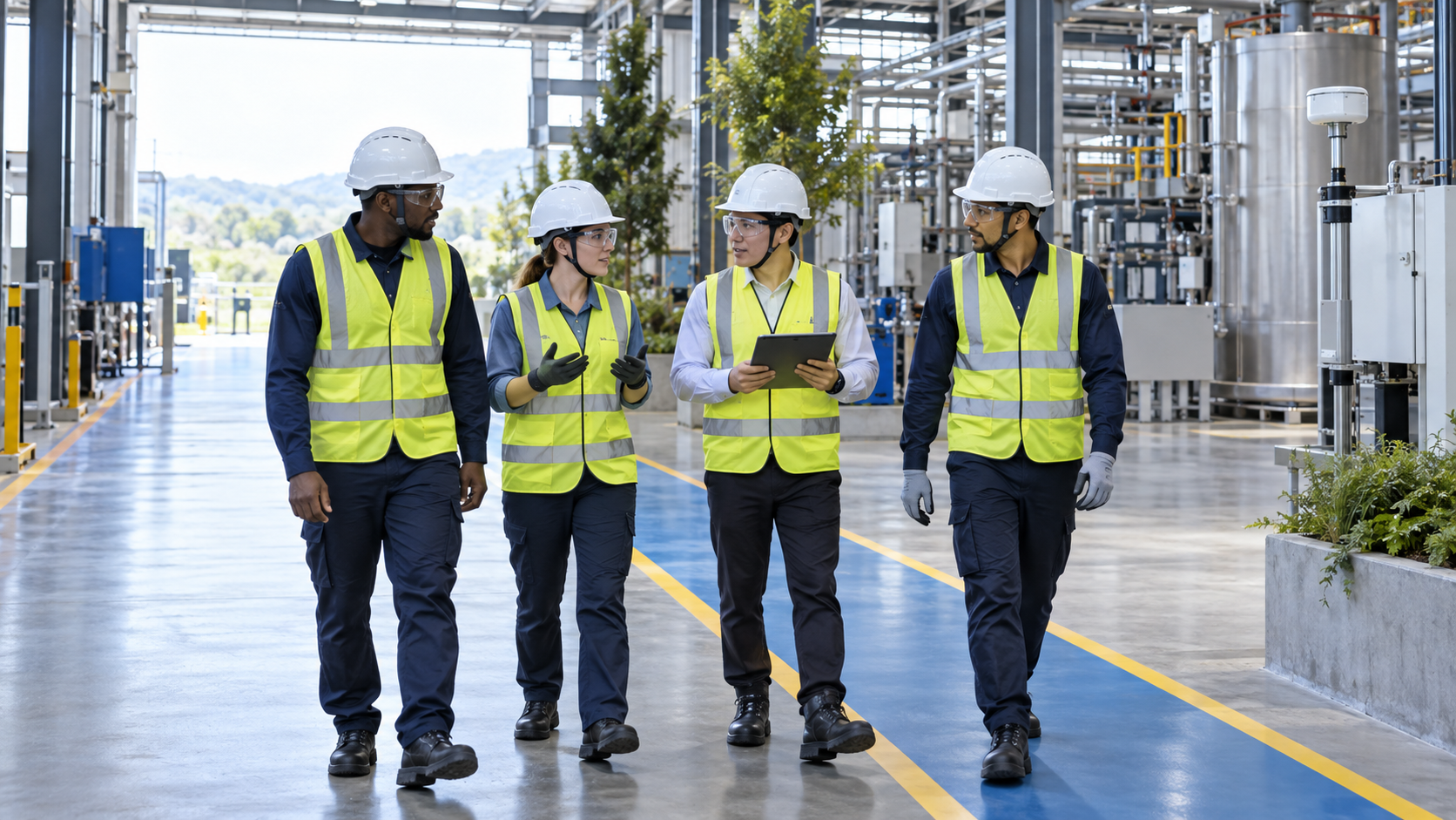 HSEQ professionals reviewing workplace controls during an industrial walkthrough